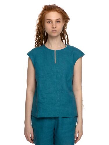 Блуза льняная со спущенными плечами, бирюза